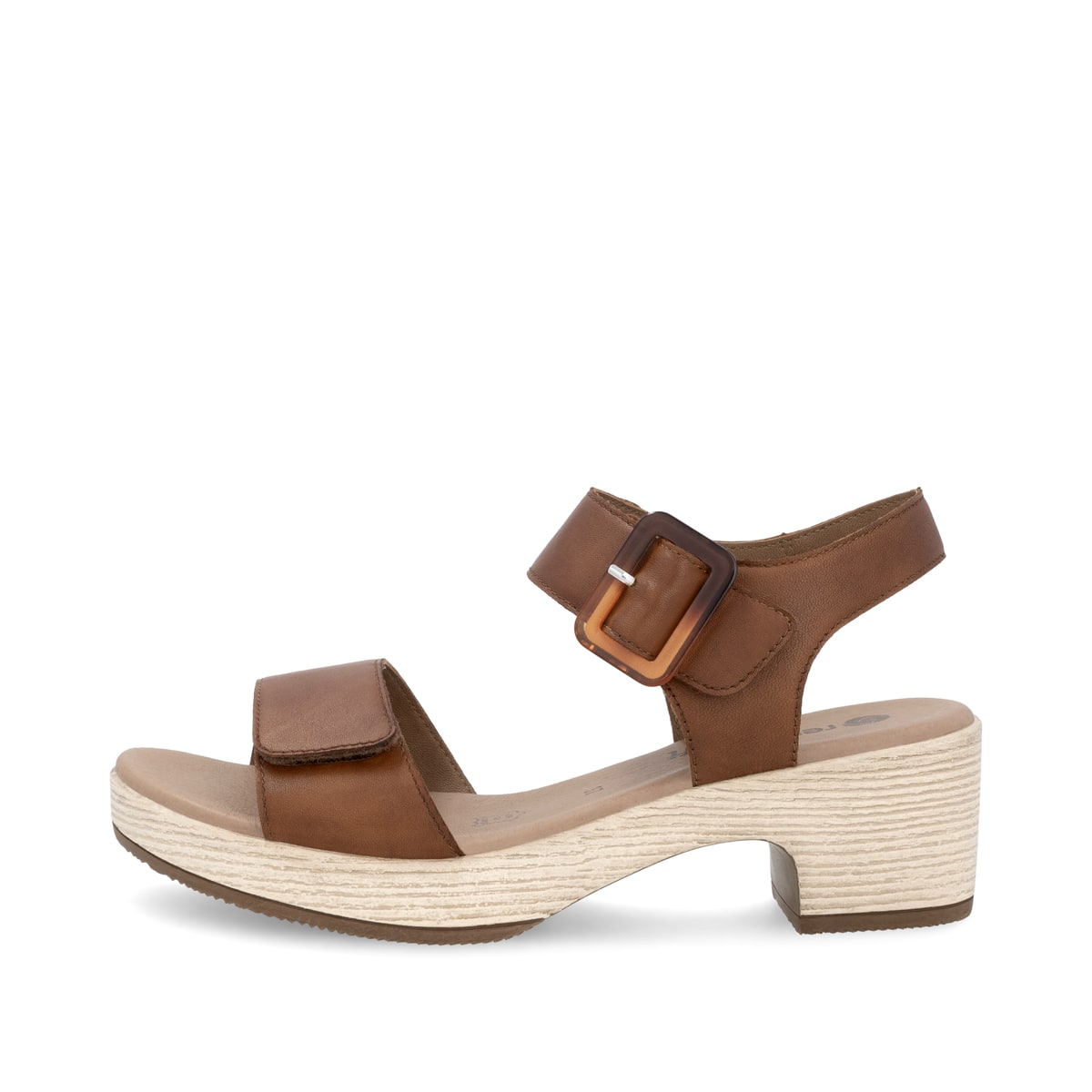 Braune remonte Riemchensandaletten D0N52-25 mit einem Klettverschluss. Schuh Außenseite.