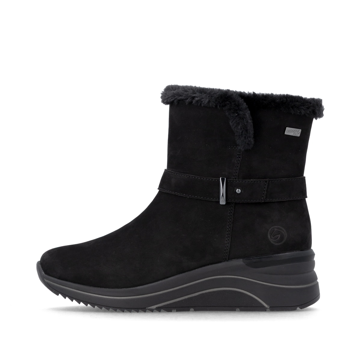 Schwarze remonte Damen Kurzstiefel D0T82-02 mit wasserabweisender TEX-Membran. Schuh Außenseite.
