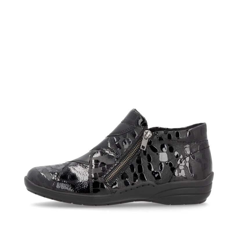 Schwarze remonte Damen Kurzstiefel R7674-04 mit einem Reißverschluss. Schuh Außenseite.