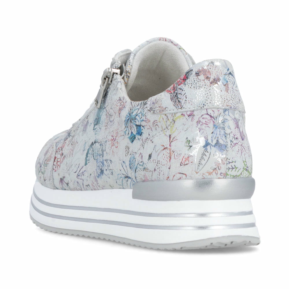 Mehrfarbige remonte Damen Sneaker Low D1326-90 mit floralem Muster. Schuh von hinten.
