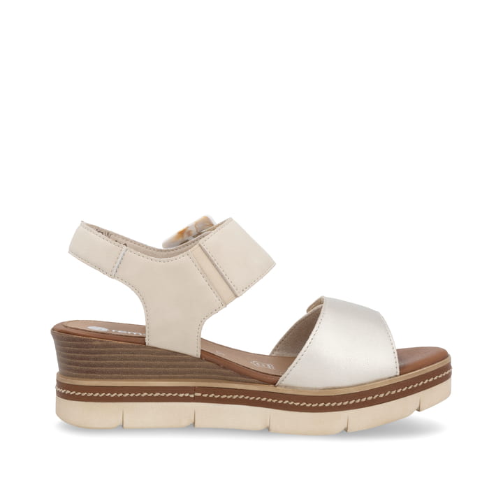 Beige remonte Keilsandaletten D2L53-60 mit einem Klettverschluss. Schuh Innenseite.