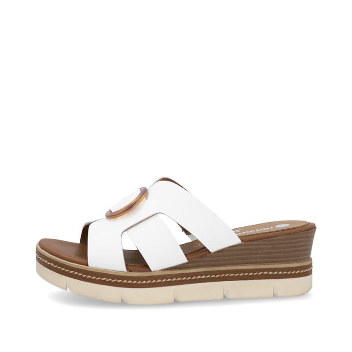 Weiße remonte Damen Pantoletten D2L52-80 mit Gummizug sowie weicher Innensohle. Schuh Außenseite.