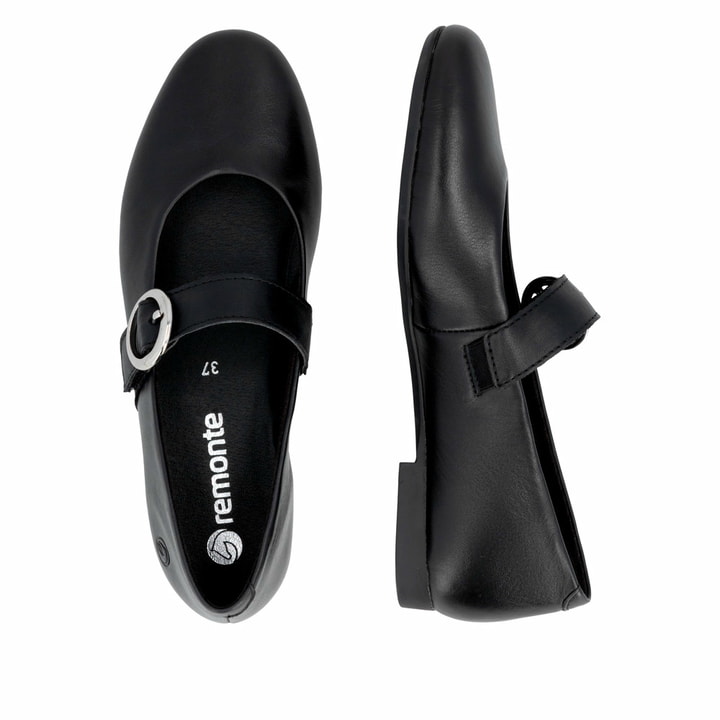 Schwarze remonte Ballerinas D0K14-00 mit einem Klettverschluss. Schuh von oben, liegend.
