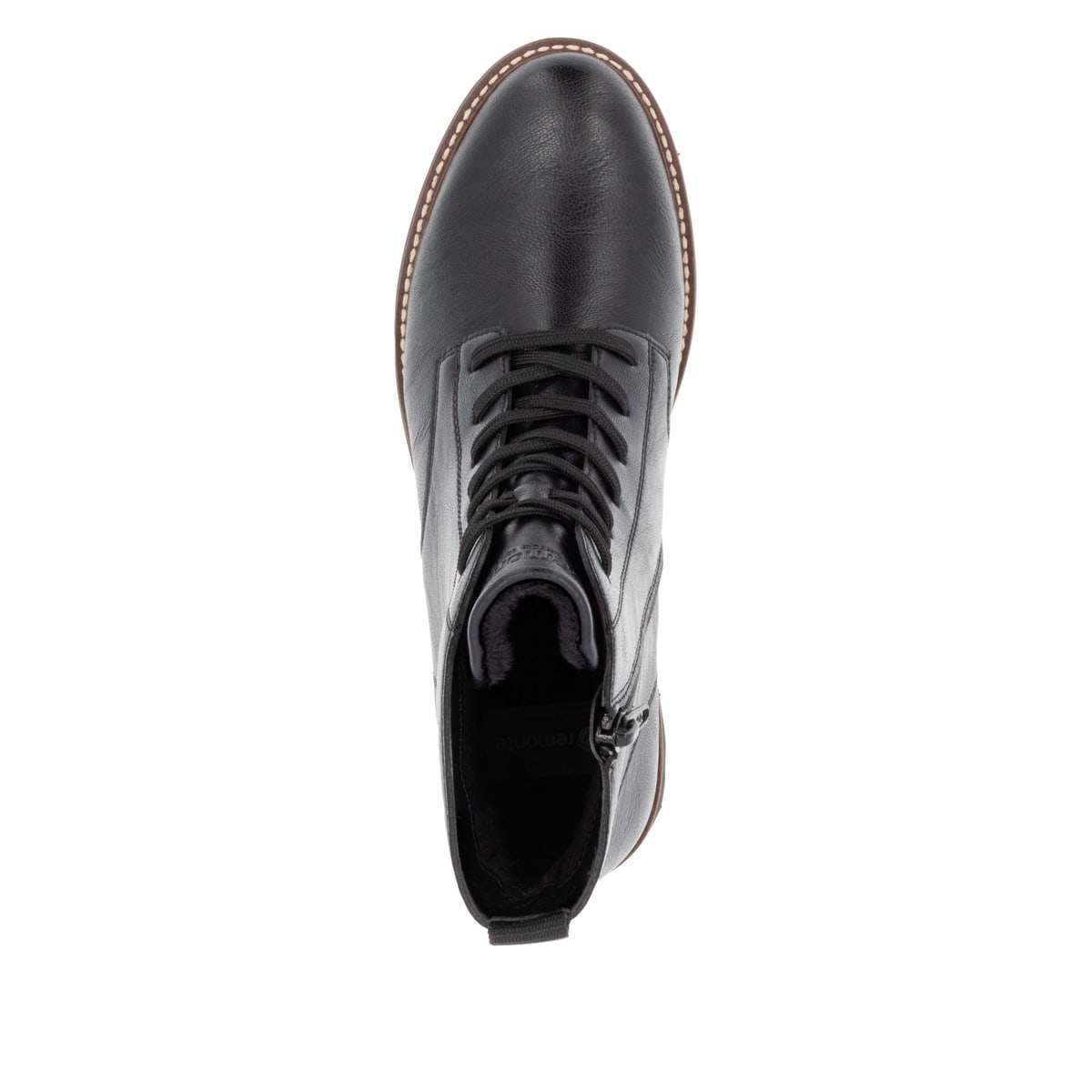 Schwarze remonte Damen Schnürstiefel D8661-00 mit einem Reißverschluss. Schuh von oben.