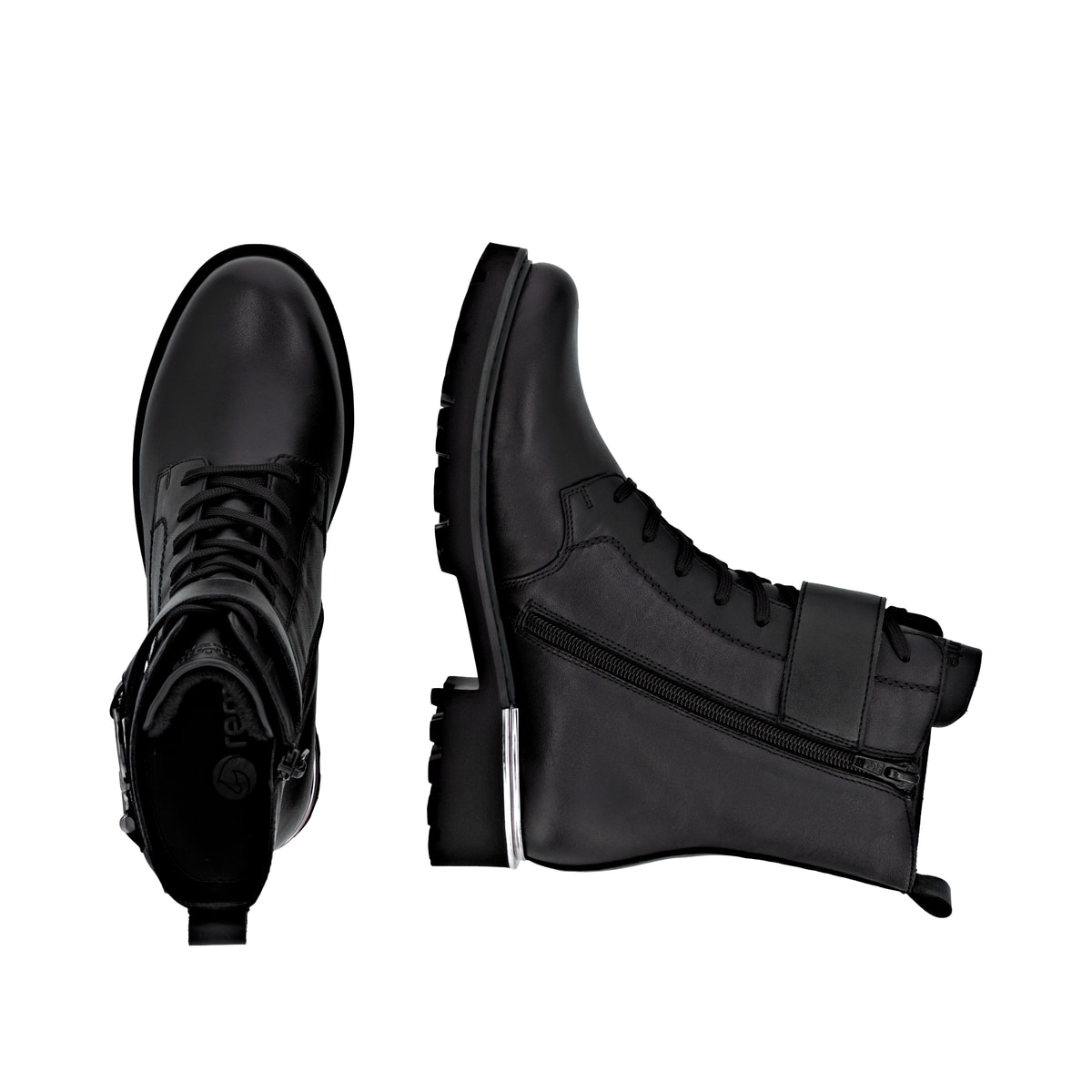 Schwarze remonte Damen Schnürstiefel D8657-00 mit einem Reißverschluss. Schuh von oben, liegend.