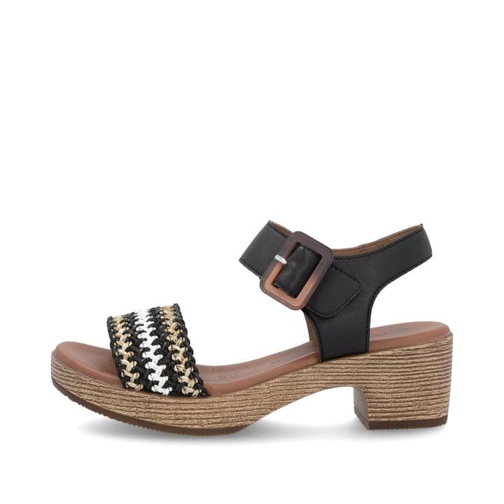 Schwarze remonte Riemchensandaletten D0N58-03 mit einem Klettverschluss. Schuh Außenseite.