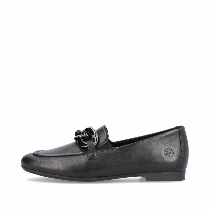 Schwarze remonte Damen Loafer D0K00-00 mit einem Gummizug. Schuh Außenseite.