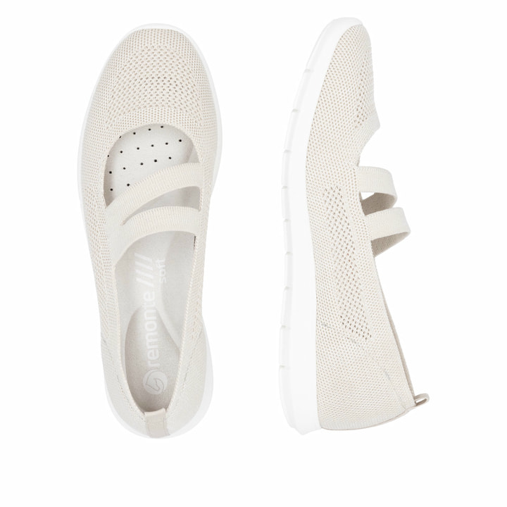 Beige remonte Ballerinas R7102-60 mit einem Gummizug sowie der Komfortweite G. Schuh von oben, liegend.