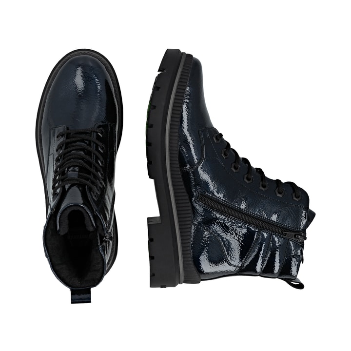 Blaue vegane remonte Damen Schnürstiefel D0C82-14 mit Glass-Fibre Sohle. Schuh von oben, liegend.