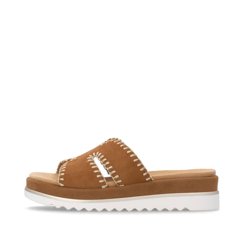 Braune remonte Damen Pantoletten D3P51-22 mit handgestickten Nähten. Schuh Außenseite.