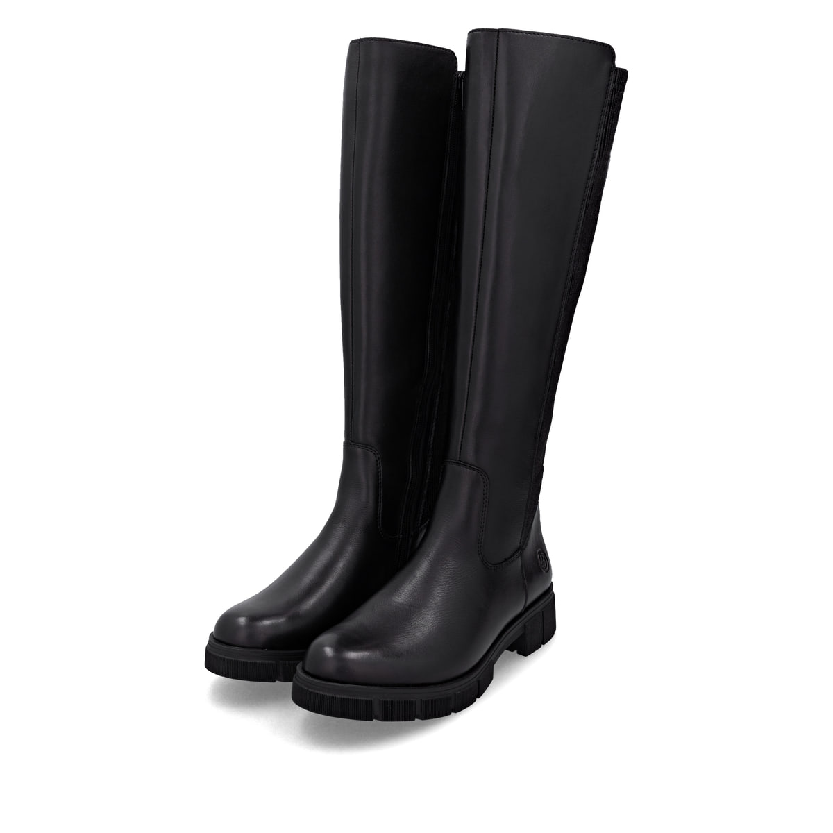 Schwarze remonte Hochschaftstiefel D2S74-00 mit einem Reißverschluss. Schuhpaar seitlich schräg.