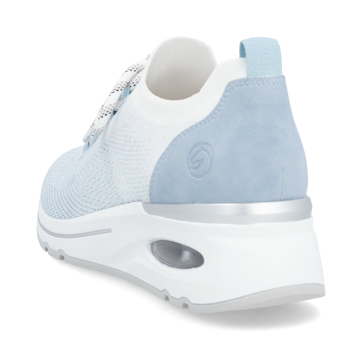 Blaue remonte Damen Slipper D2H04-10 mit einem Gummizug sowie der Extraweite H. Schuh von hinten.