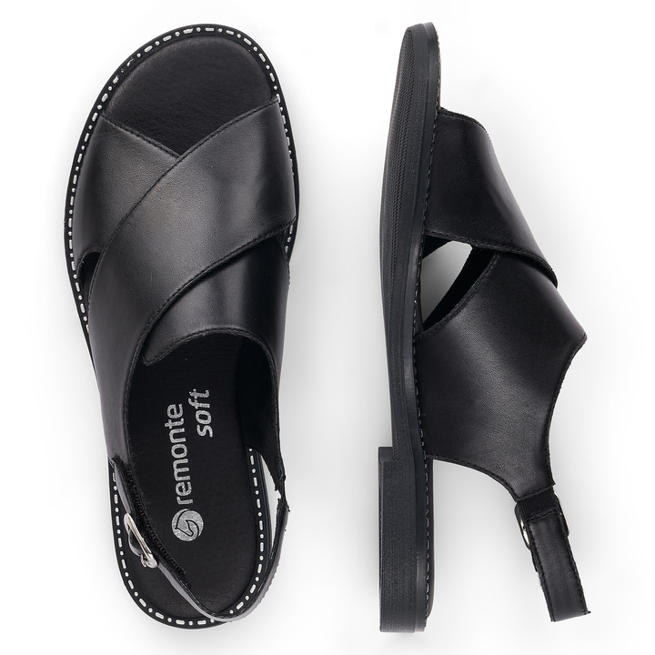 Tiefschwarze remonte Damen Riemchensandalen D3650-01 mit Klettverschluss. Schuh von oben, liegend.