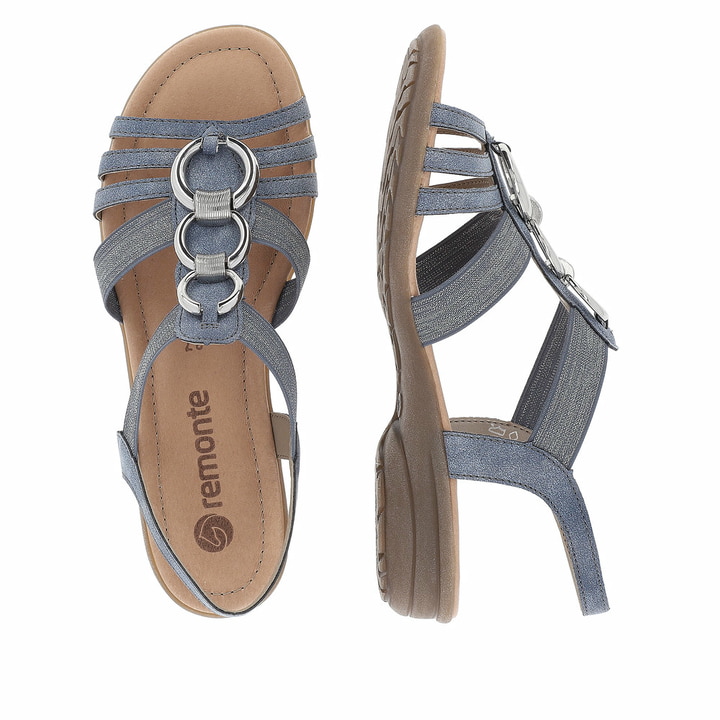 Blaue remonte Riemchensandalen R3605-12 mit einem Gummizug sowie flexibler Sohle. Schuh von oben, liegend.
