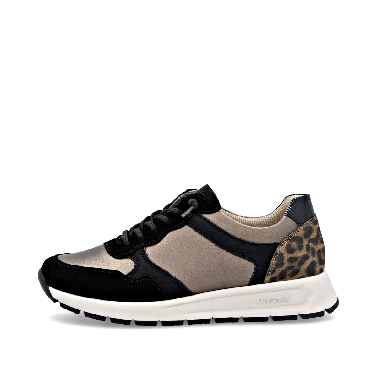 Metallische remonte Damen Sneaker D2G06-90 mit Leo-Print sowie einer Schnürung. Schuh Außenseite.