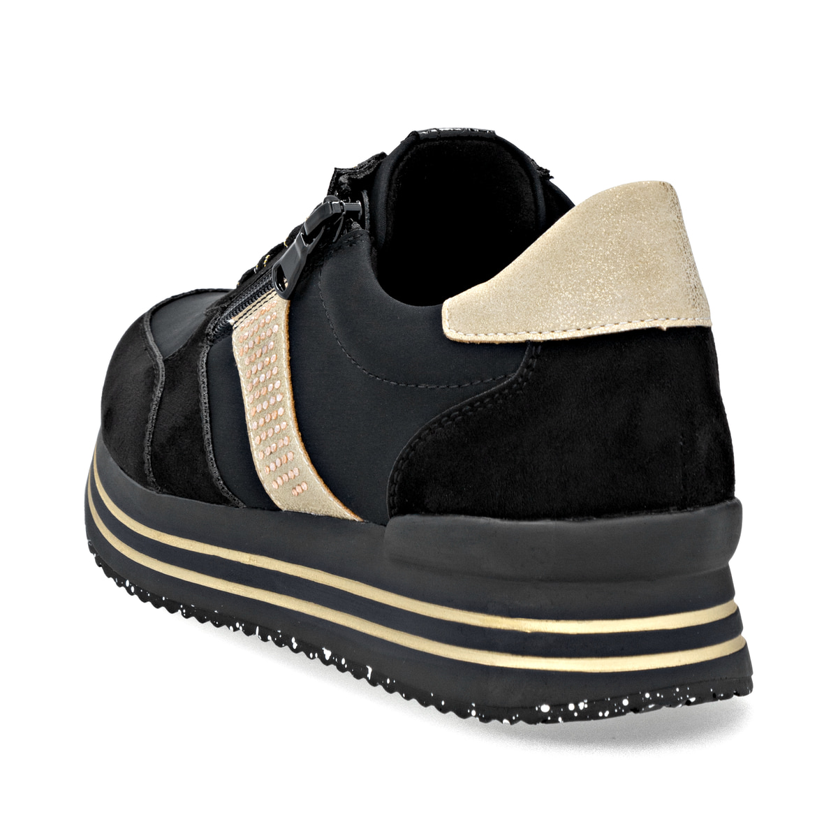 Schwarze remonte Damen Sneaker D1330-03 mit Reißverschluss sowie Komfortweite G. Schuh von hinten.