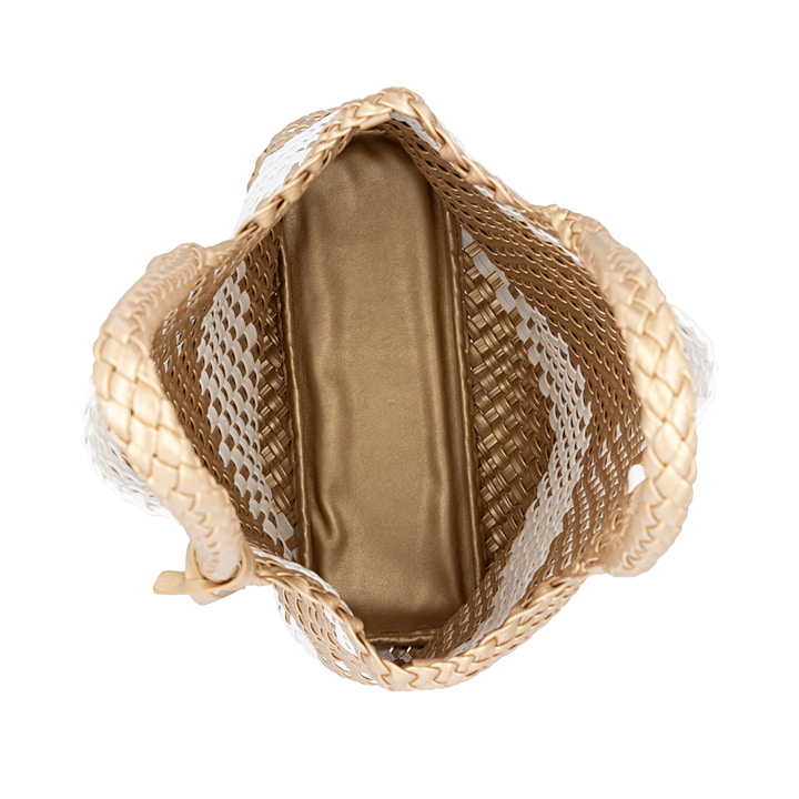 Sac à main remonte Q0761-81 beige avec design tressé et poche amovible. Ouvert.