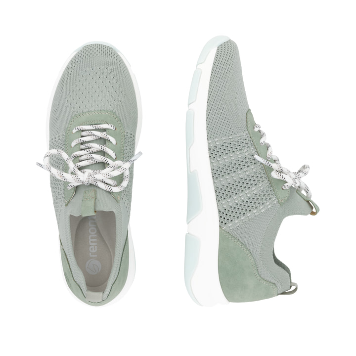 Grüne remonte Damen Slipper D1S05-52 mit einem Gummizug sowie der Komfortweite G. Schuh von oben, liegend.