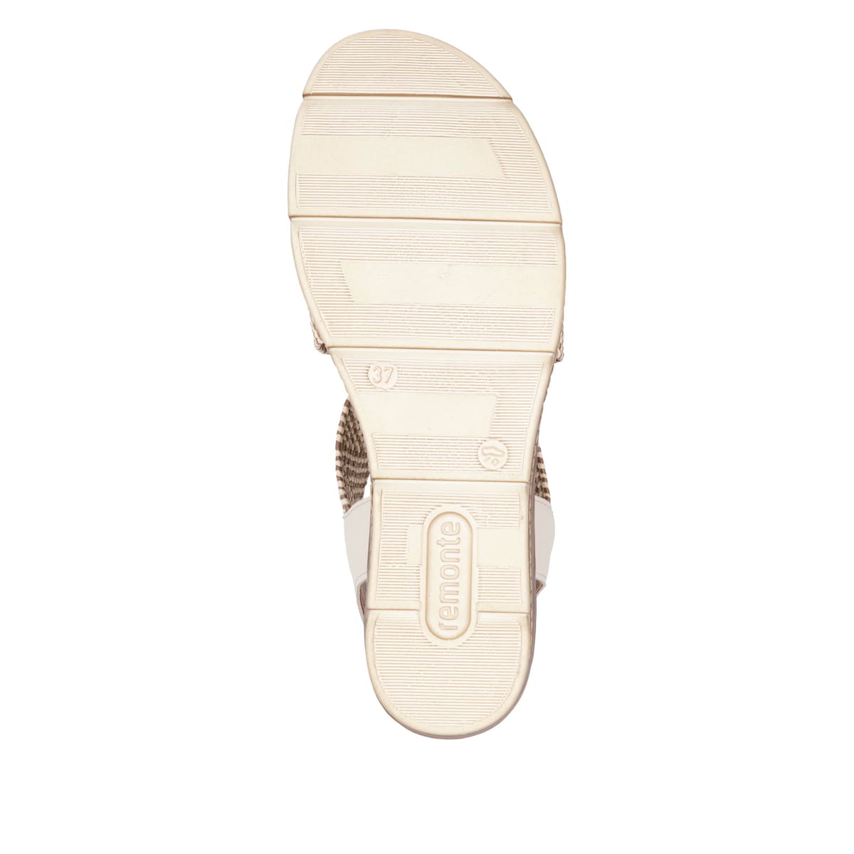 Beige remonte Keilsandaletten D2L54-60 mit Gummizug sowie weicher Innensohle. Schuh Laufsohle.