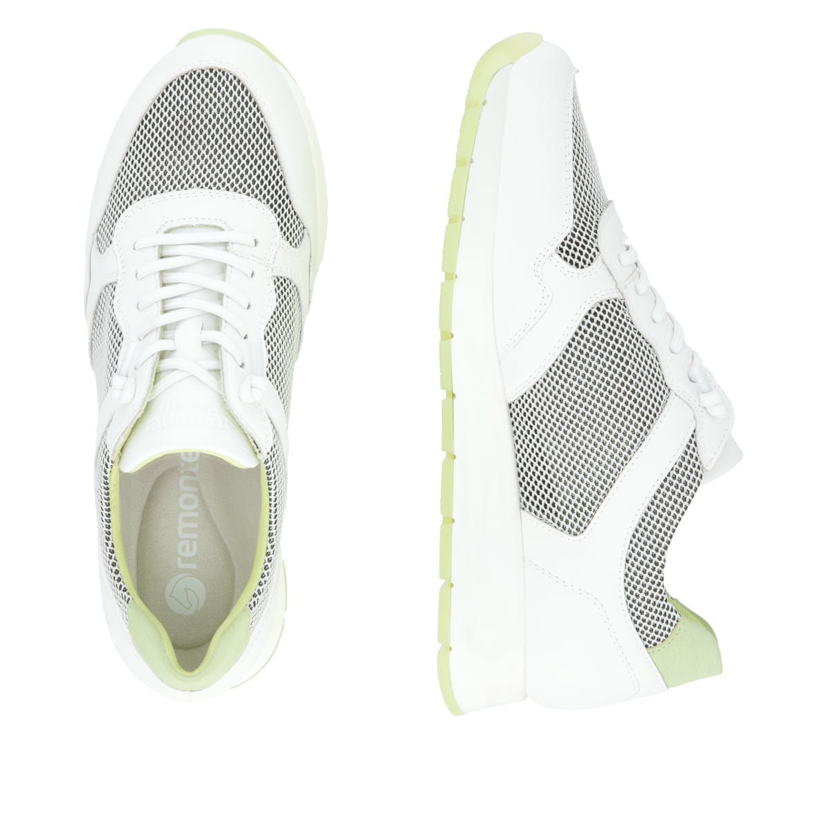 Weiße remonte Damen Sneaker Low D2G03-80 mit Schnürung sowie der Komfortweite G. Schuh von oben, liegend.