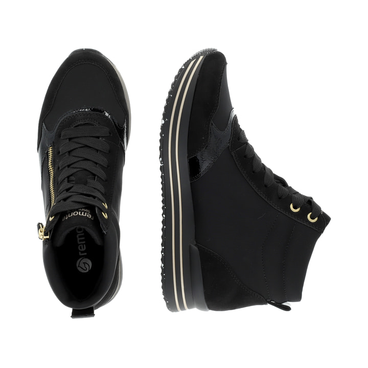 Schwarze remonte Damen Sneaker D1370-01 mit Reißverschluss sowie Komfortweite G. Schuh von oben, liegend.