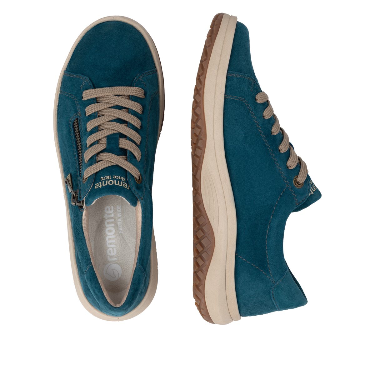 Petrolfarbene remonte Damen Schnürschuhe D3Q00-12. Schuh von oben, liegend.