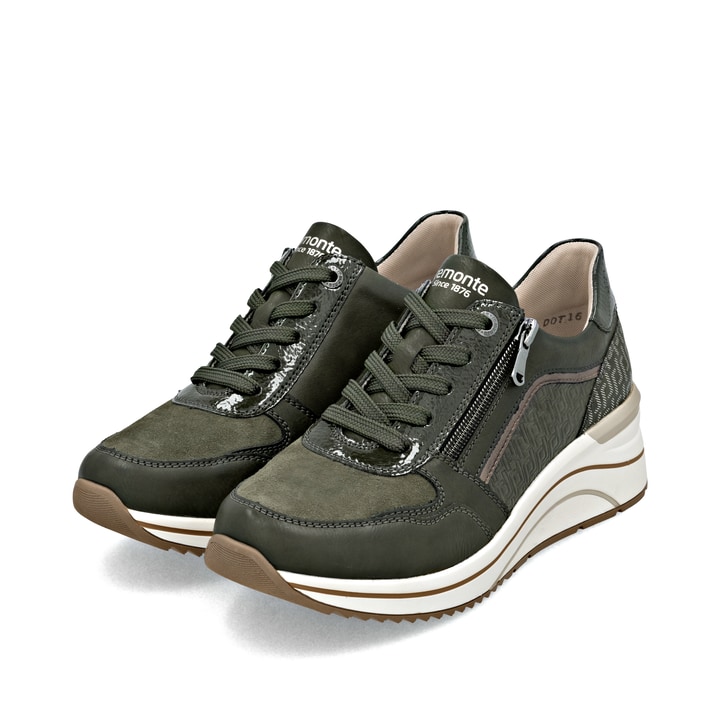 Grüne remonte Damen Sneaker D0T16-54 mit einem Reißverschluss sowie Extraweite H. Schuhpaar seitlich schräg.