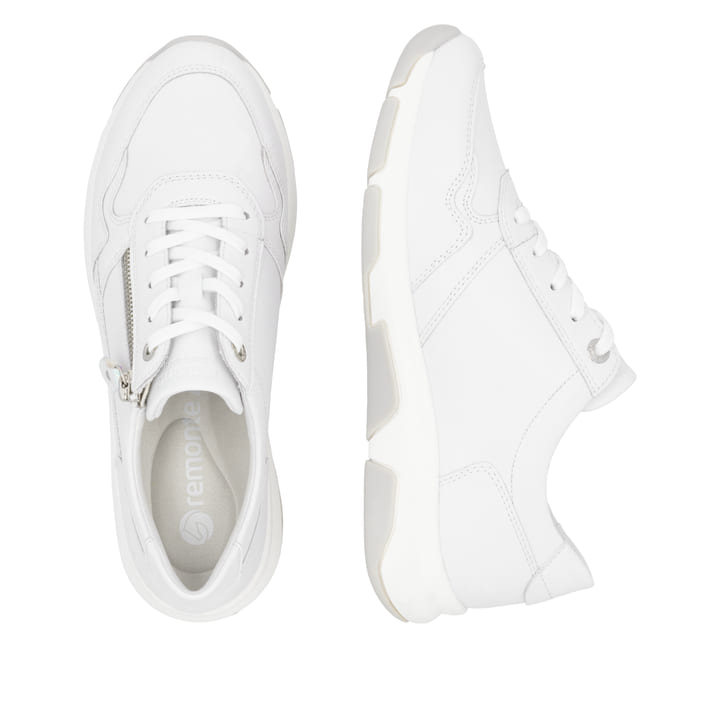 Weiße remonte Damen Sneaker Low D1S03-82 mit Reißverschluss sowie Komfortweite G. Schuh von oben, liegend.