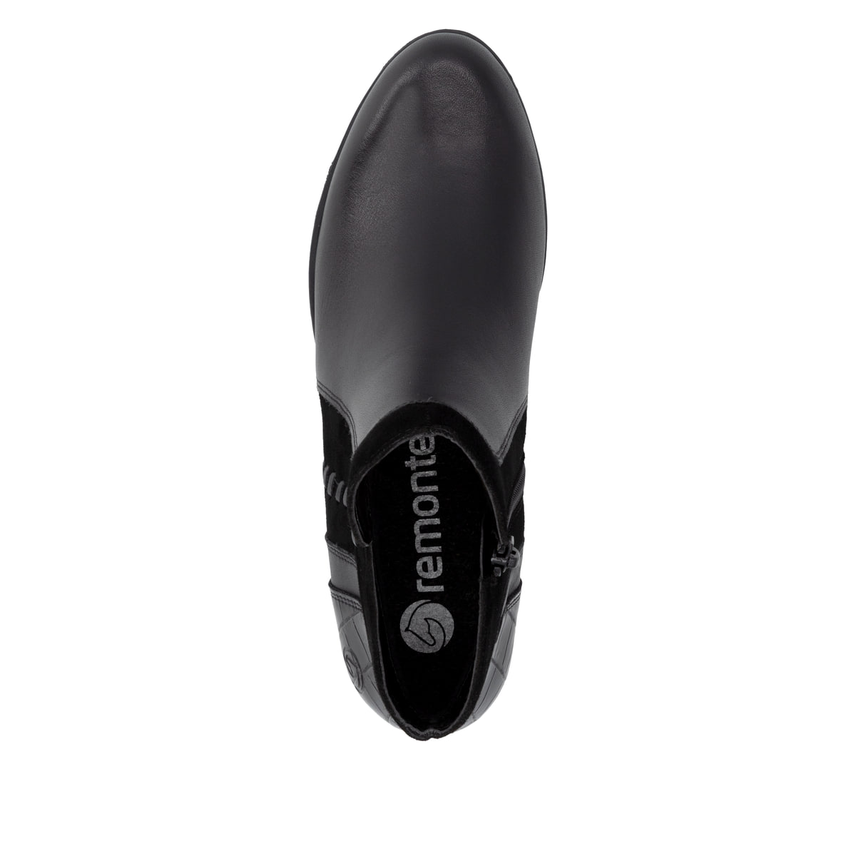 Stahlschwarze remonte Damen Stiefeletten D6893-02 mit stylischer Dekonaht. Schuh Laufsohle.