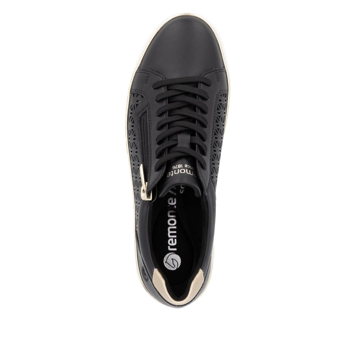 Schwarze remonte Damen Sneaker Low D2E03-03 mit einem Reißverschluss. Schuh von oben.