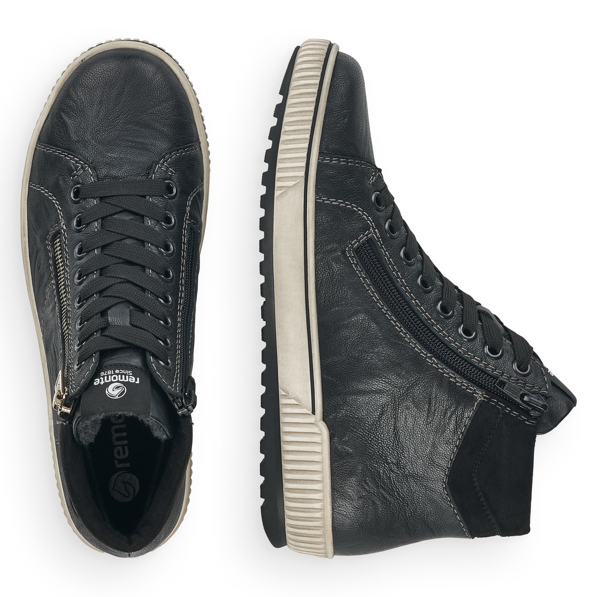 Schwarze remonte Damen Schnürstiefel D0772-01 mit wasserabweisender TEX-Membran. Schuh von oben, liegend.