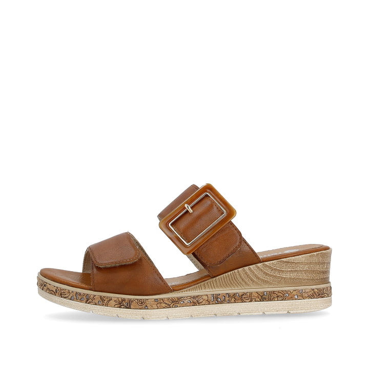 Braune remonte Damen Pantoletten D3068-24 mit einem Klettverschluss. Schuh Außenseite.