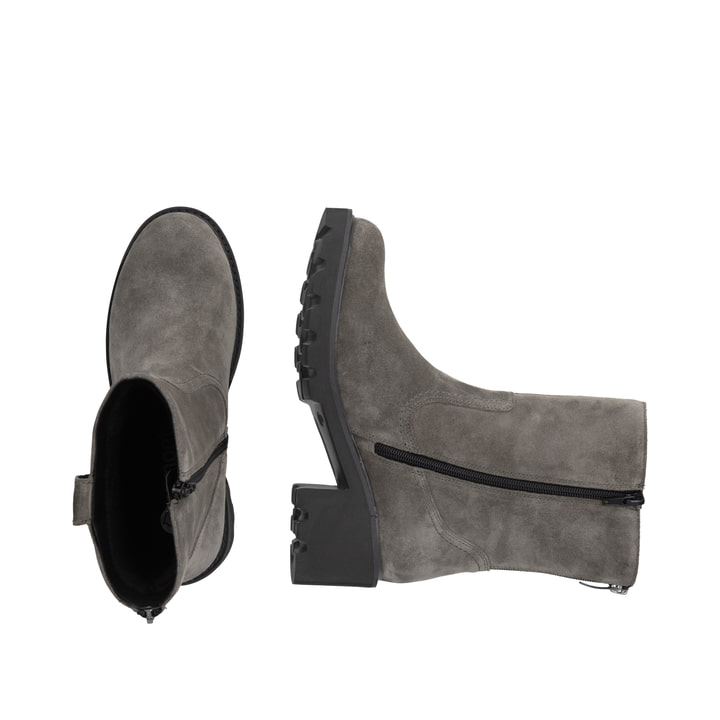 Graue remonte Damen Kurzstiefel D0A82-45 mit wasserabweisender TEX-Membran. Schuh von oben, liegend.