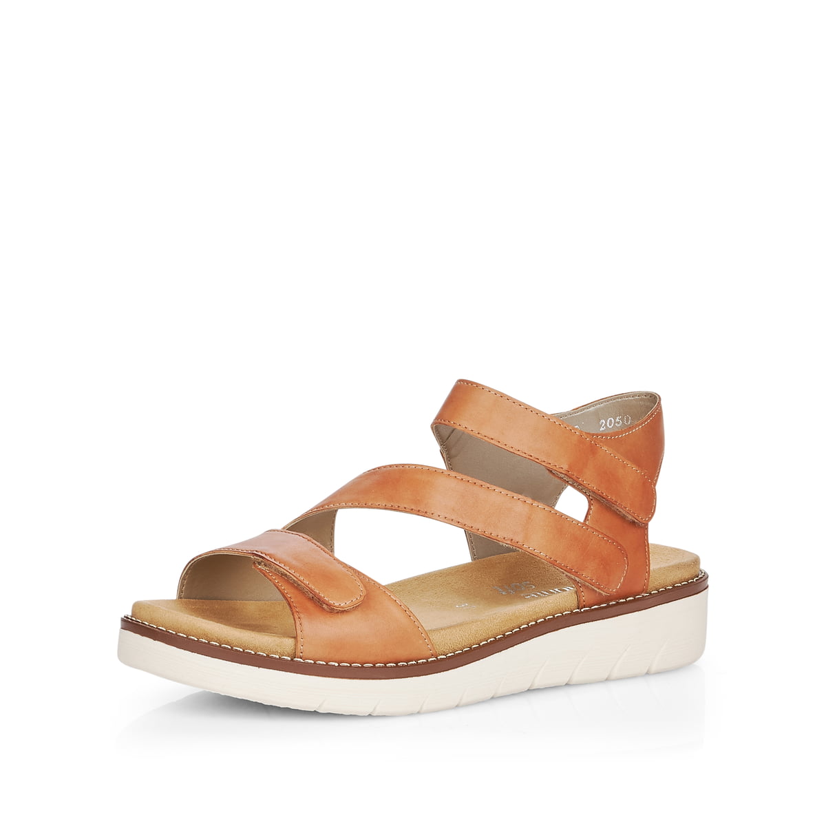 Karamellbraune remonte Damen Riemchensandalen D2050-24 mit einer flexiblen Profilsohle. Schuh seitlich schräg