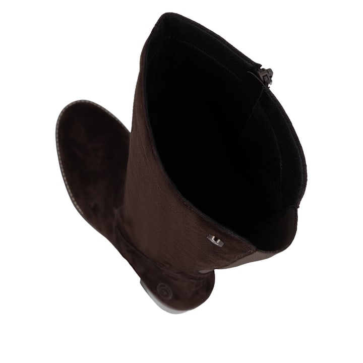 Dunkelbraune remonte Hochschaftstiefel D2A78-25 mit einem Reißverschluss. Schuh von oben, liegend.
