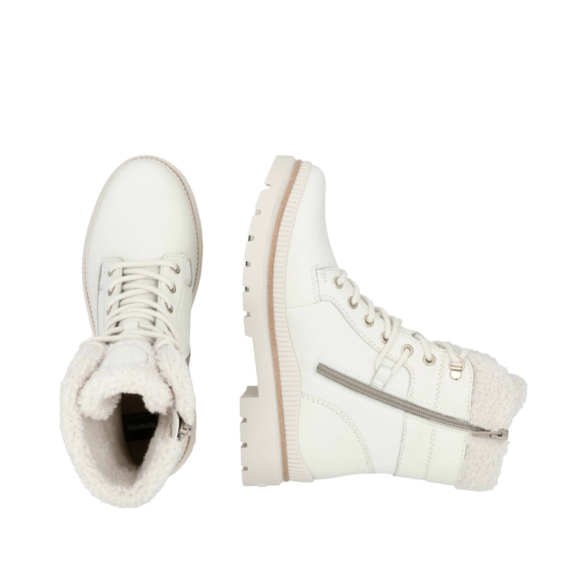 Weiße remonte Damen Schnürstiefel D0C77-80 mit griffiger Glass-Fibre Sohle. Schuh von oben, liegend.