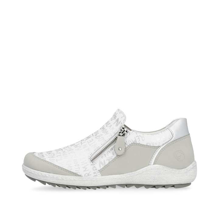 Silberweiße remonte Damen Slipper R1428-80 mit einem Reißverschluss. Schuh Außenseite.