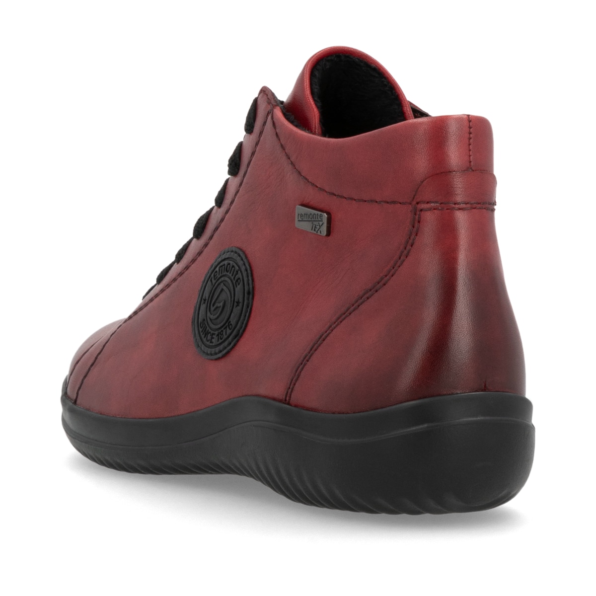 Rote remonte Damen Schnürschuhe D1E71-35 mit wasserabweisender TEX-Membran. Schuh von hinten.