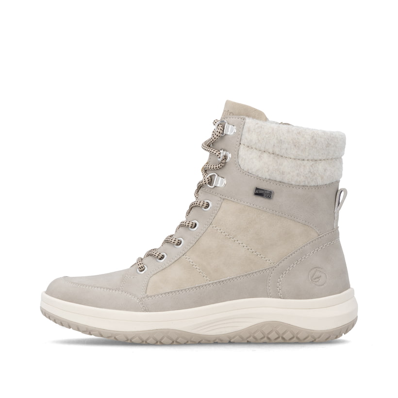 Beige remonte Damen Schnürstiefel D3Q72-40 mit wasserabweisender TEX-Membran. Schuh Außenseite.