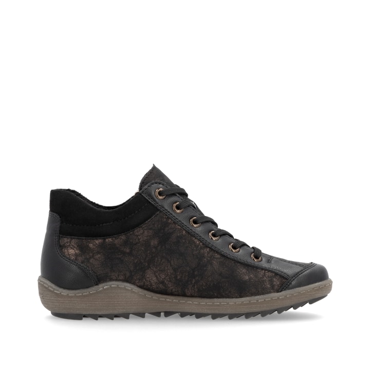 Schwarz-bronzene remonte Damen Schnürstiefel R1477-90 mit einem Reißverschluss. Schuh Innenseite.