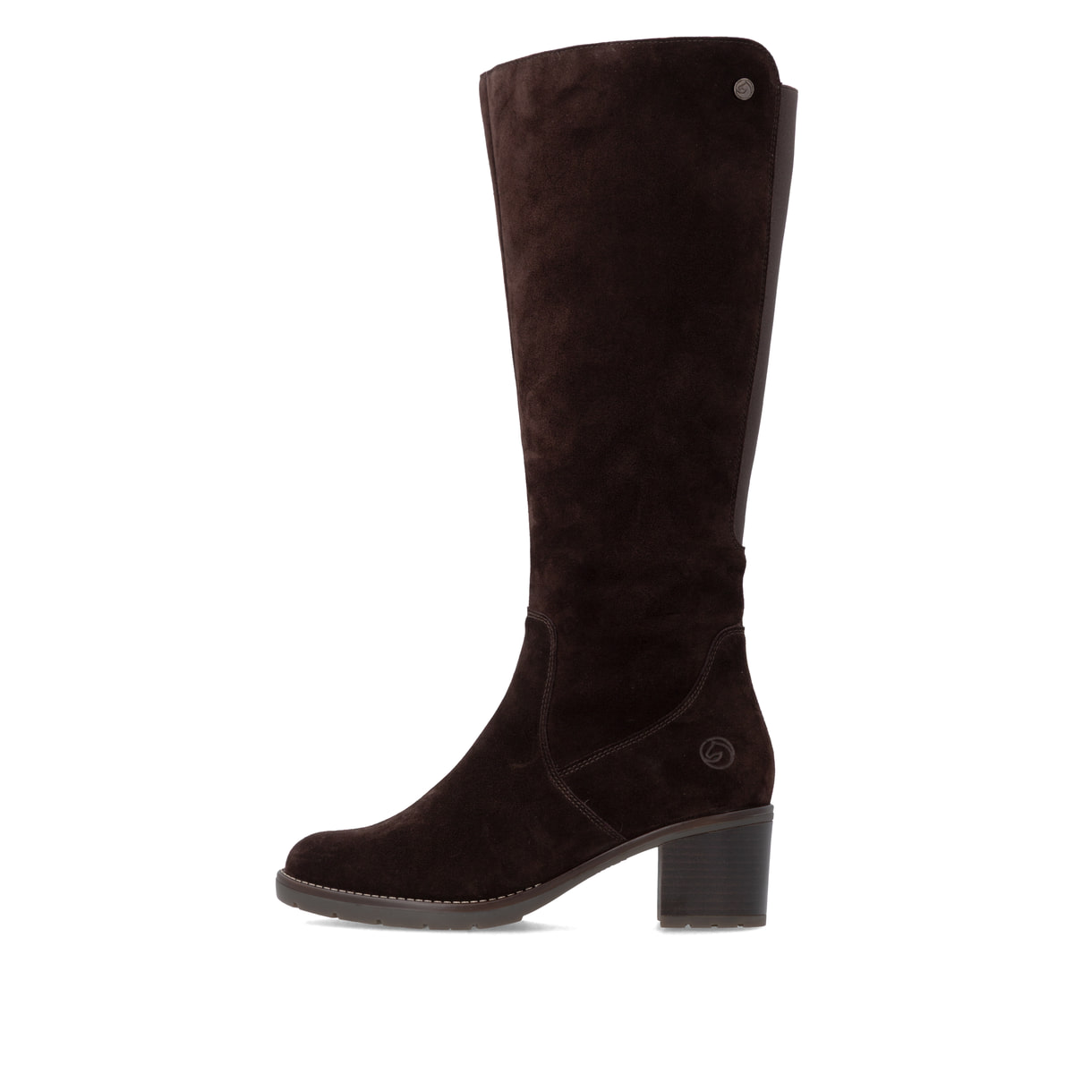 Dunkelbraune remonte Hochschaftstiefel D2A78-25 mit einem Reißverschluss. Schuh Außenseite.