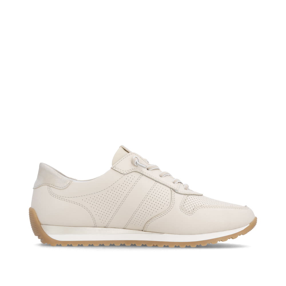 Beige remonte Damen Sneaker Low D3H00-60 mit einer Schnürung sowie Extraweite H. Schuh Innenseite.