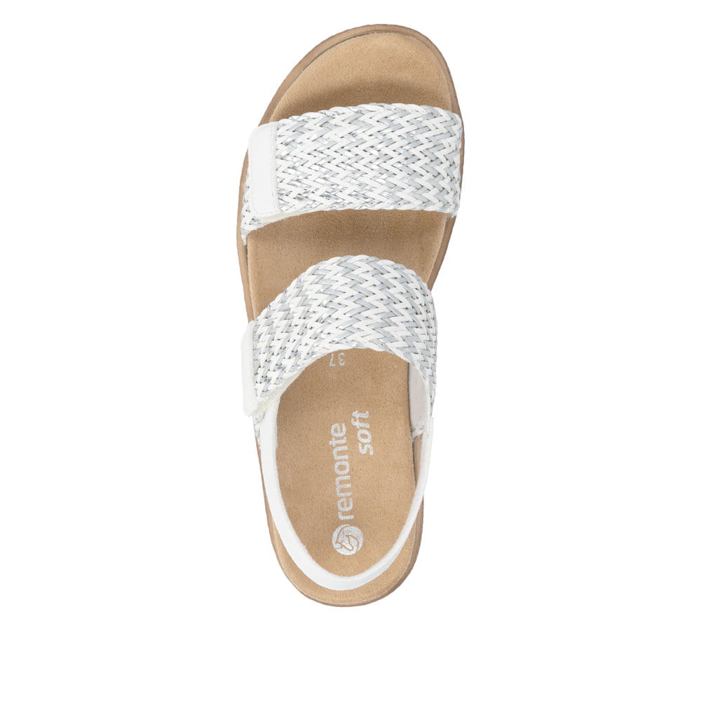 Silberne remonte Keilsandaletten D0Q63-91 mit einem Klettverschluss. Schuh von oben.