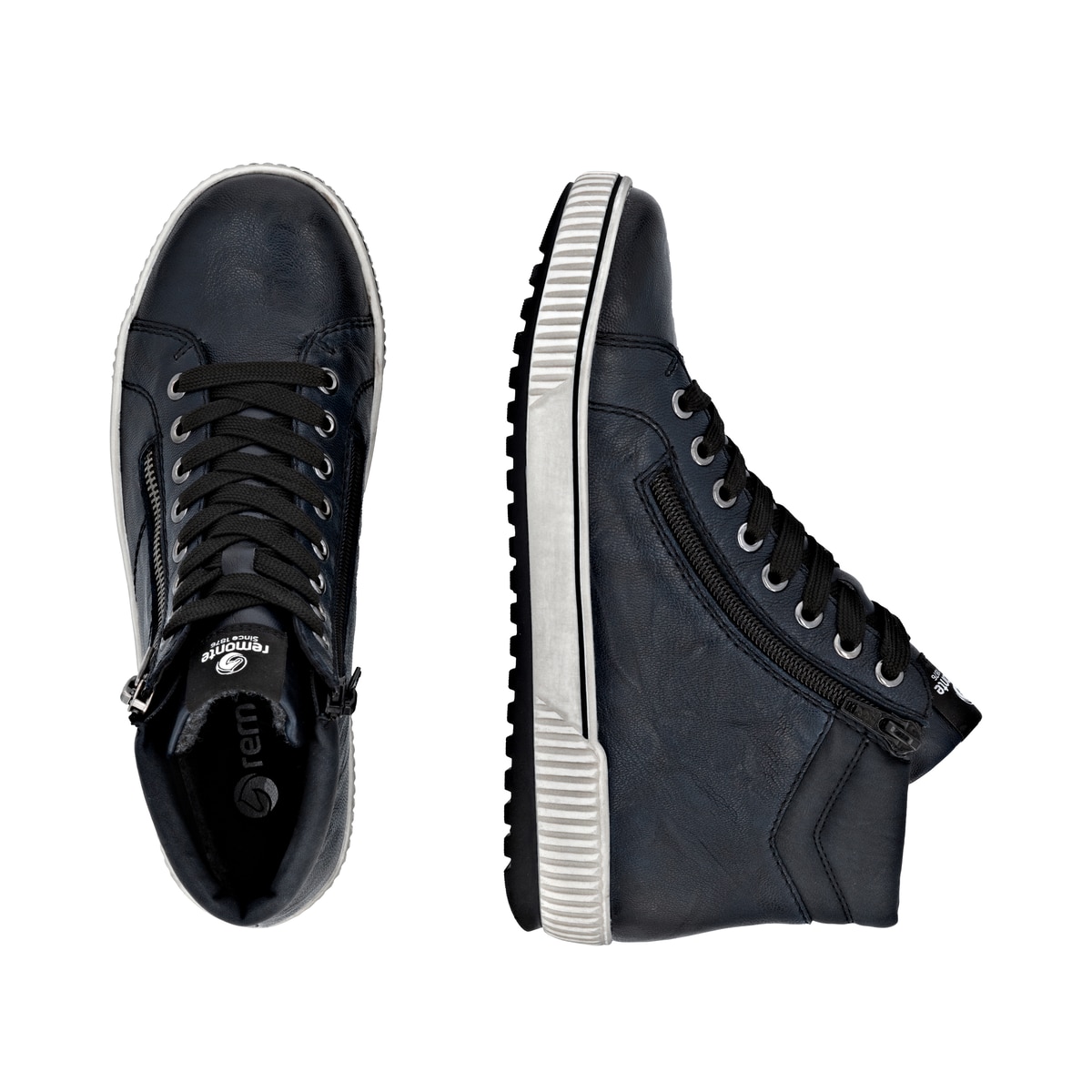 Dunkelblaue remonte Damen Schnürstiefel D0772-15. Schuh von oben, liegend.